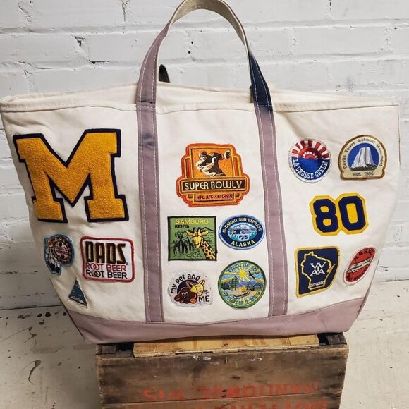 salmon pink vintage 1 of 1 XL L.L Bean Boat and Tote bag with vintage patches si - Picture 6 of 8